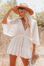 Lace Bell Sleeve Deep V-Neck Button Front Ruffle Hem Mini Dress