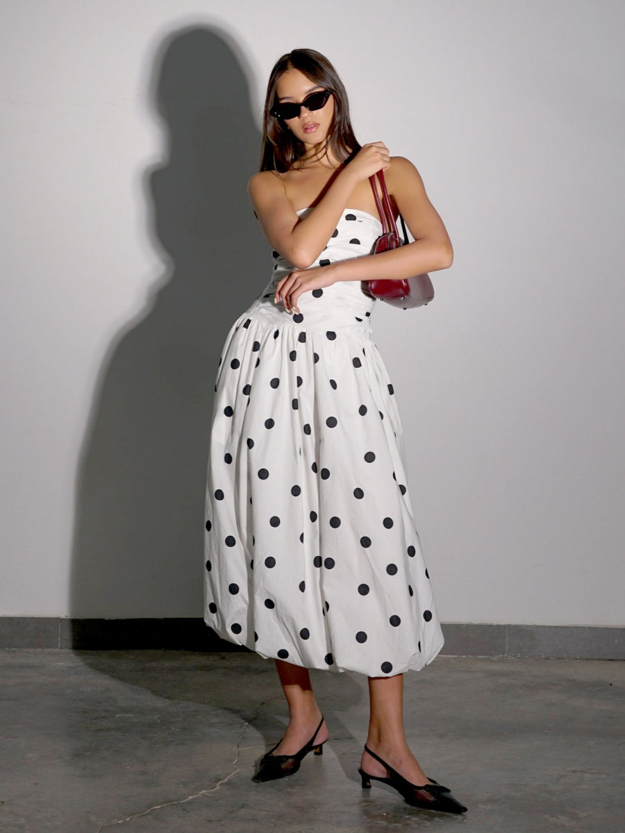 Polka Dot Pleated Strapless High-waisted Dress