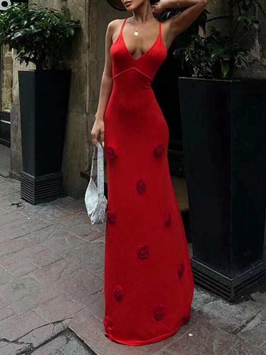 Hollow Crochet Knitting V-neck 3D Flowers Camisoles Maxi Dresses