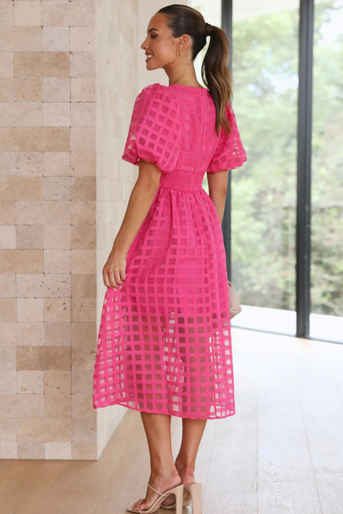Puff Sleeve Sheer Grid Check Empire Waist Button Front Midi Dress