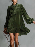 Velvet Bow Long-sleeved Short Dress