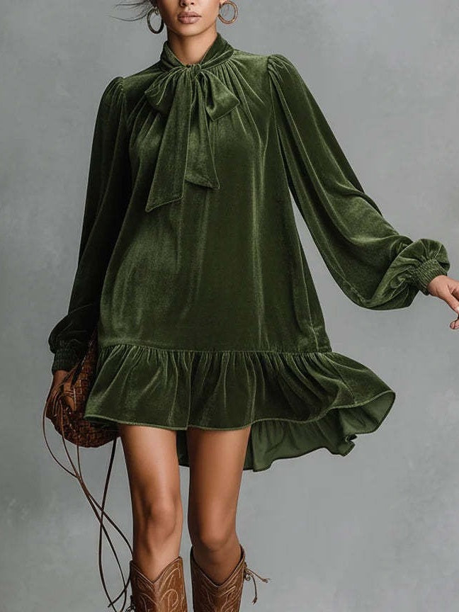 Velvet Bow Long-sleeved Short Dress