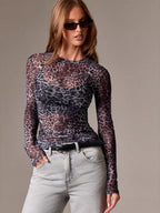 Pullover Mesh Round Neck Leopard Printed Slim Fit Slimming T-shirt Mesh/sheer Top