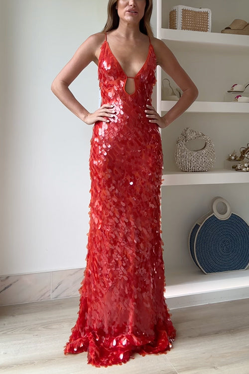 V Neck Cut Out Sequin Bodycon Maxi Cami Party Dress