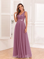V-neck Embroidery Sequins Elegant Gauze Formal Dress Maxi Dresses