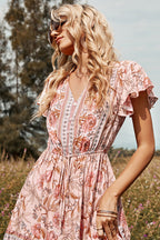 Surplice V-Neck Flutter Sleeve Drawstring Waist Ruffle Hem Floral Mini Dress