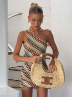 Striped Color Blocking Asymmetrical Neckline And Sleeveless Mini&Short Dresses