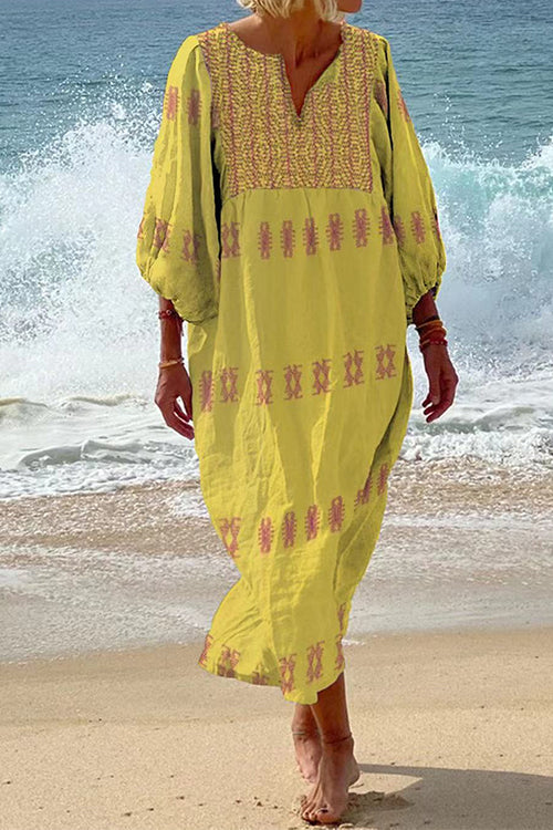 3/4 Balloon Sleeves Bohe Printed Caftan Midi Vacation Dress