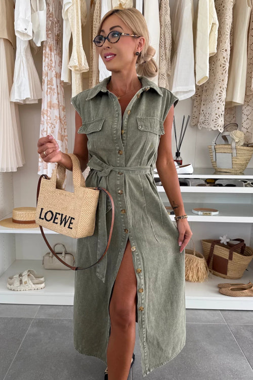 Sleeveless Collared Button Down Tie Waist Chest Pocket Midi Shirt Dress