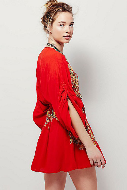 Embroidered Deep V-Neck Bell Sleeve Drawstring Waist Mini Dress