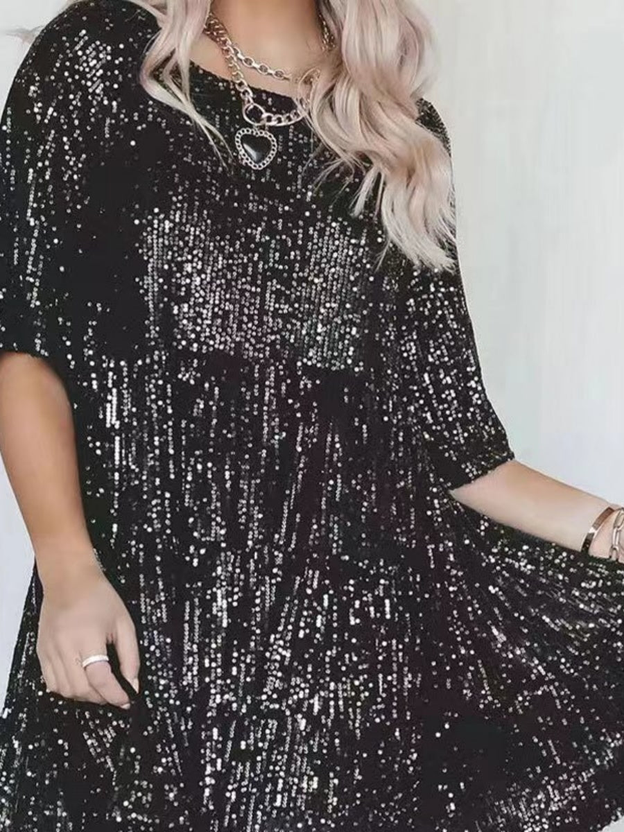 Sequins Crew Neck Loose Waist Short Sleeve Dress