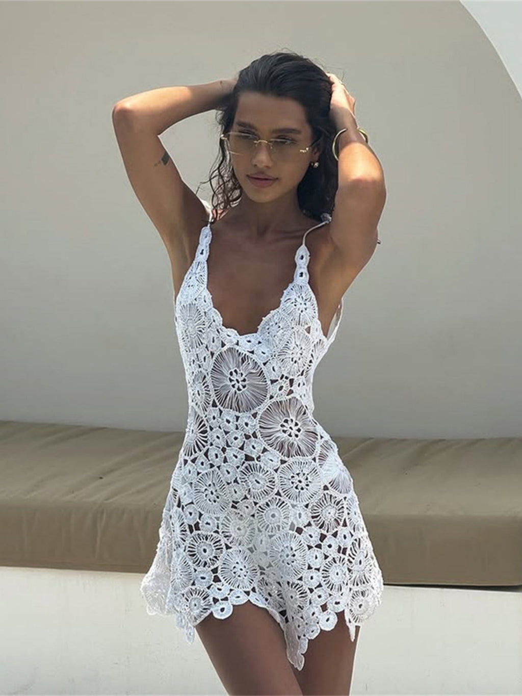 Lace Openwork Crochet Spaghetti Strap Short Dress