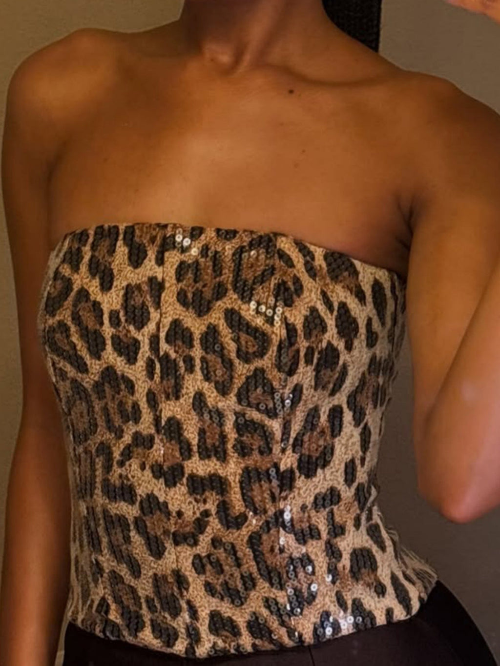 Sequined Leopard Print Elastic Bustier Zipper Bandeau