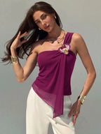 Irregular Mesh Sloping Shoulders 3D Flowers Camisoles