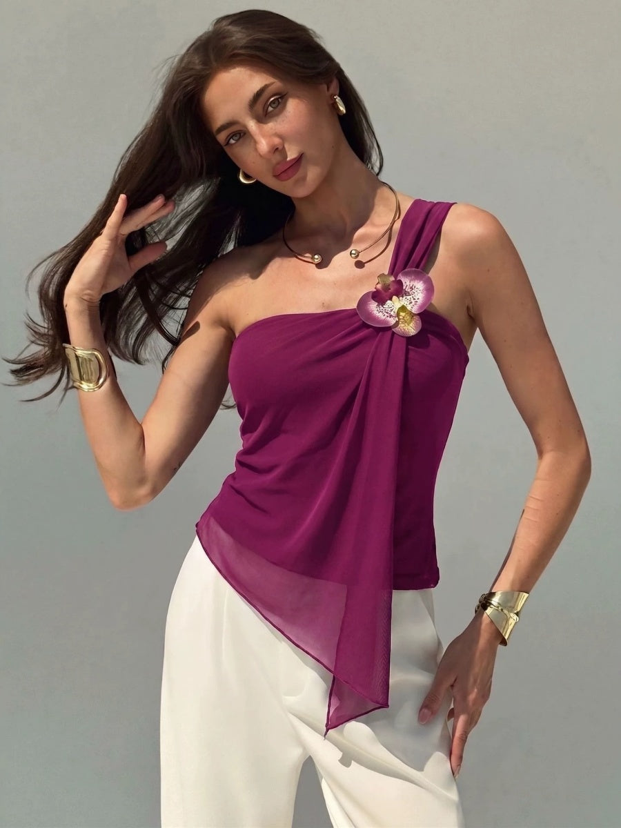 Irregular Mesh Sloping Shoulders 3D Flowers Camisoles