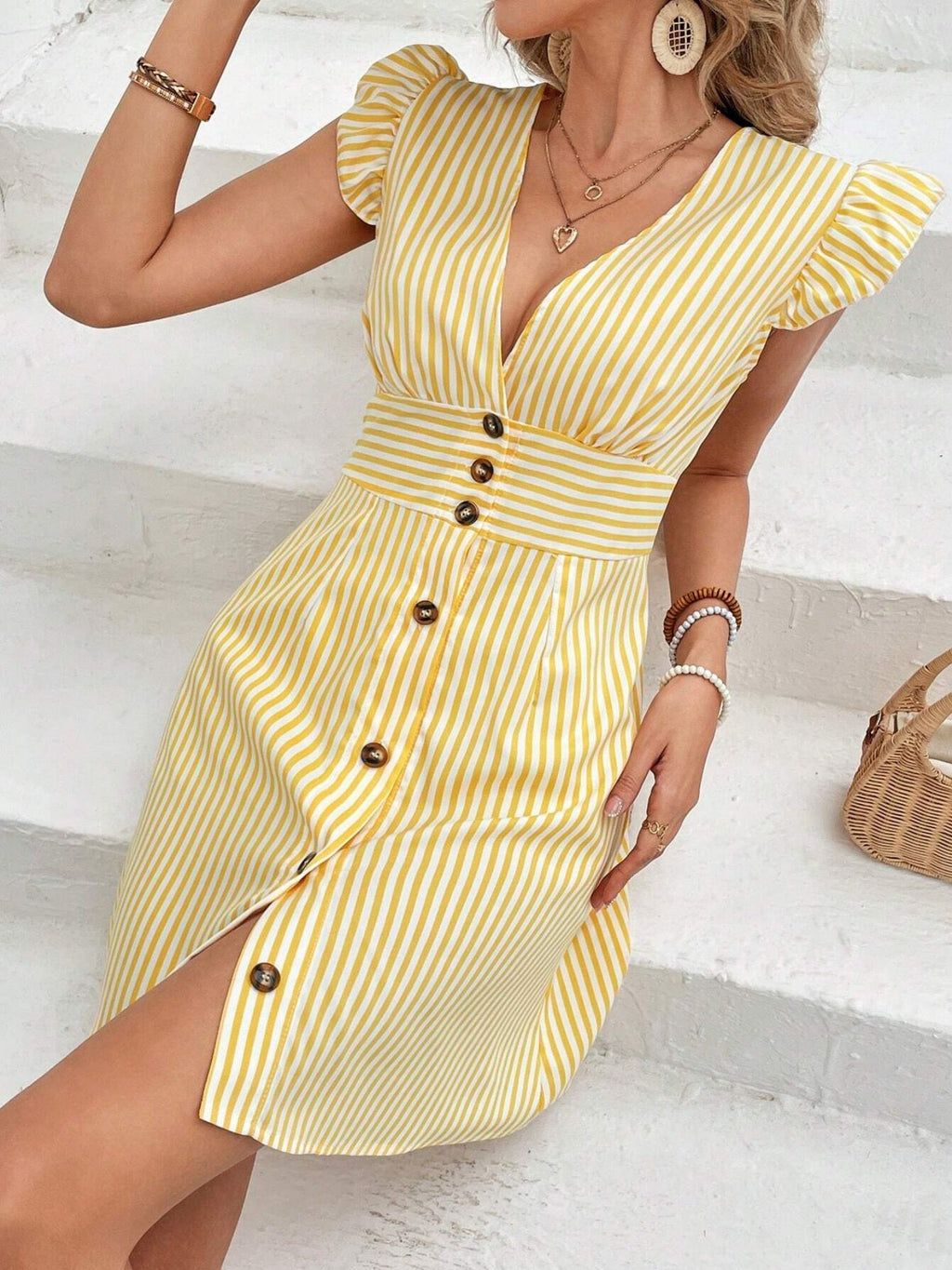 Striped Color Blocking Buttons V-neck Flutter Sleeves Mini&Short Dresses