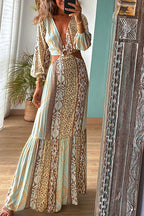 Patchwork Ikat Print V-Neck Wrap Tiered Ruffle Mini Dress