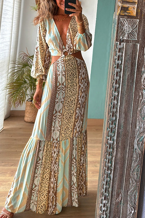 Patchwork Ikat Print V-Neck Wrap Tiered Ruffle Mini Dress