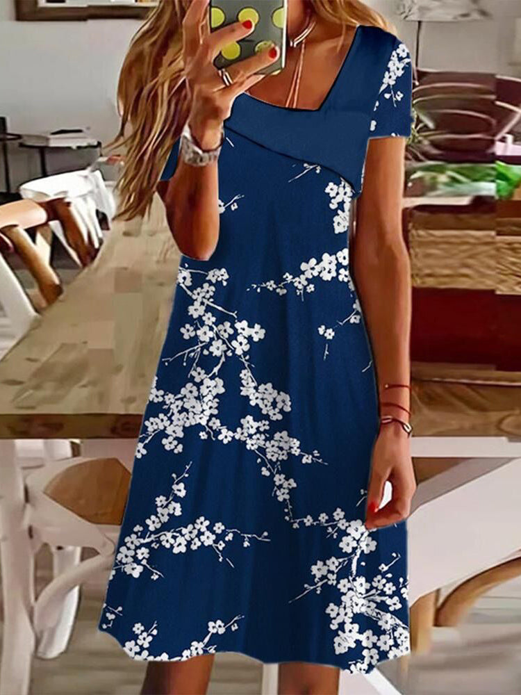 Asymmetric Lapel V-Neck Short Sleeve Floral Print Shift Mini Dress