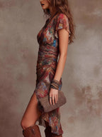 V-neck, Slit, Fitted Waist, Gathered Floral Print Midi Dresses