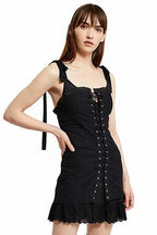 Eyelet Lace Spaghetti Strap Ruffle Neck Lace Up Corset Ruffle Hem Mini Dress
