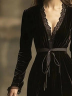 Retro Velvet Lace Stitching Maxi Dresses