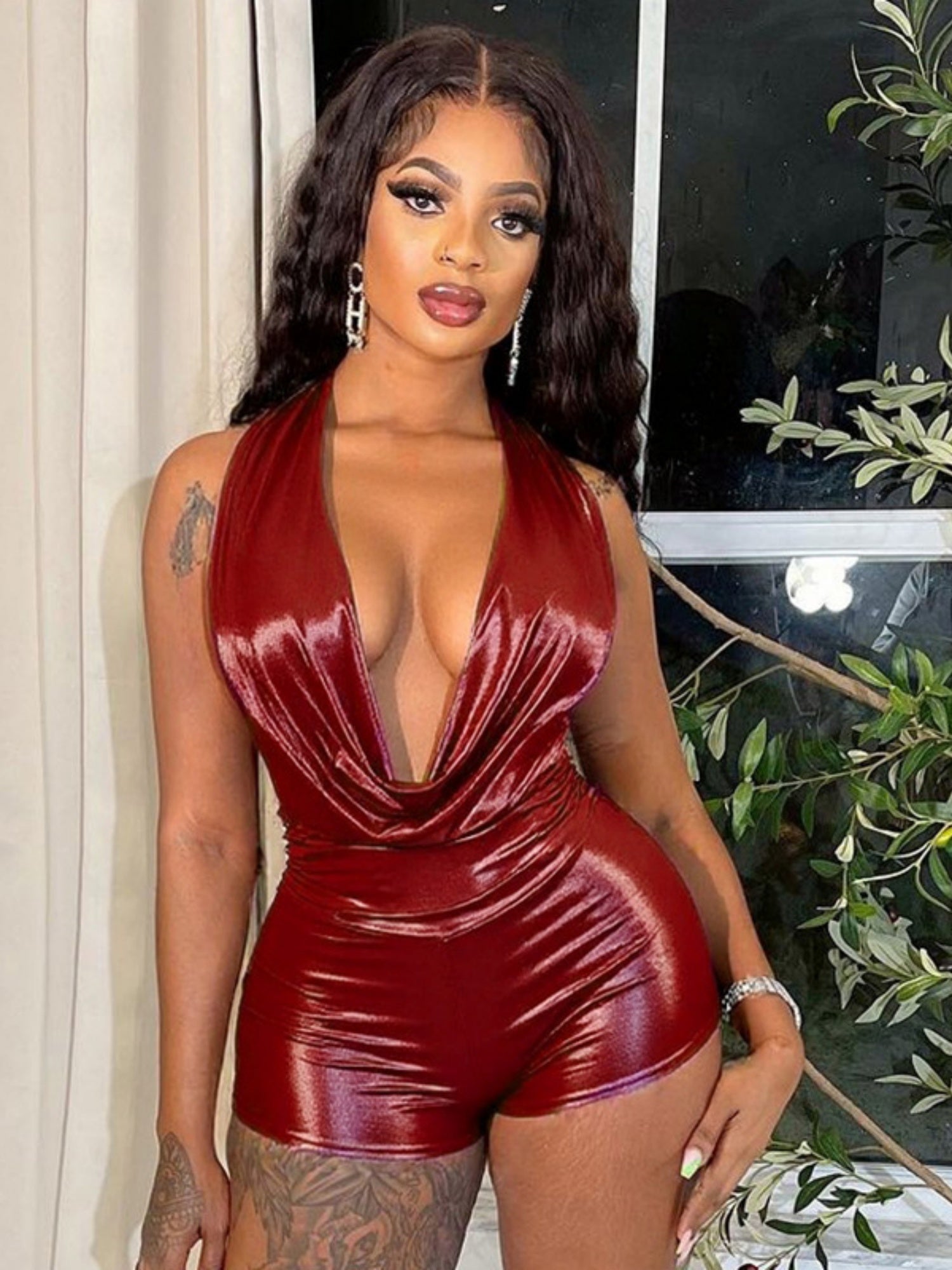 Metallic Gloss Deep V-neck Halter Neck Strap Jumpsuits
