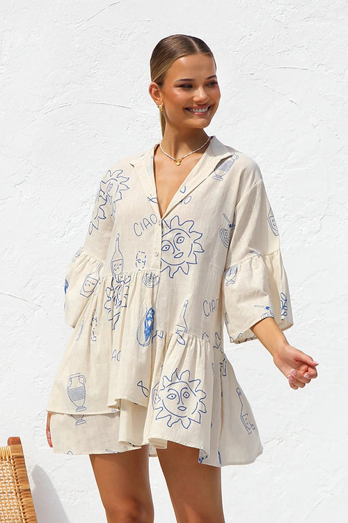 Novelty Sketch Print Collar V-Neck Button Front Tiered Smock Mini Dress