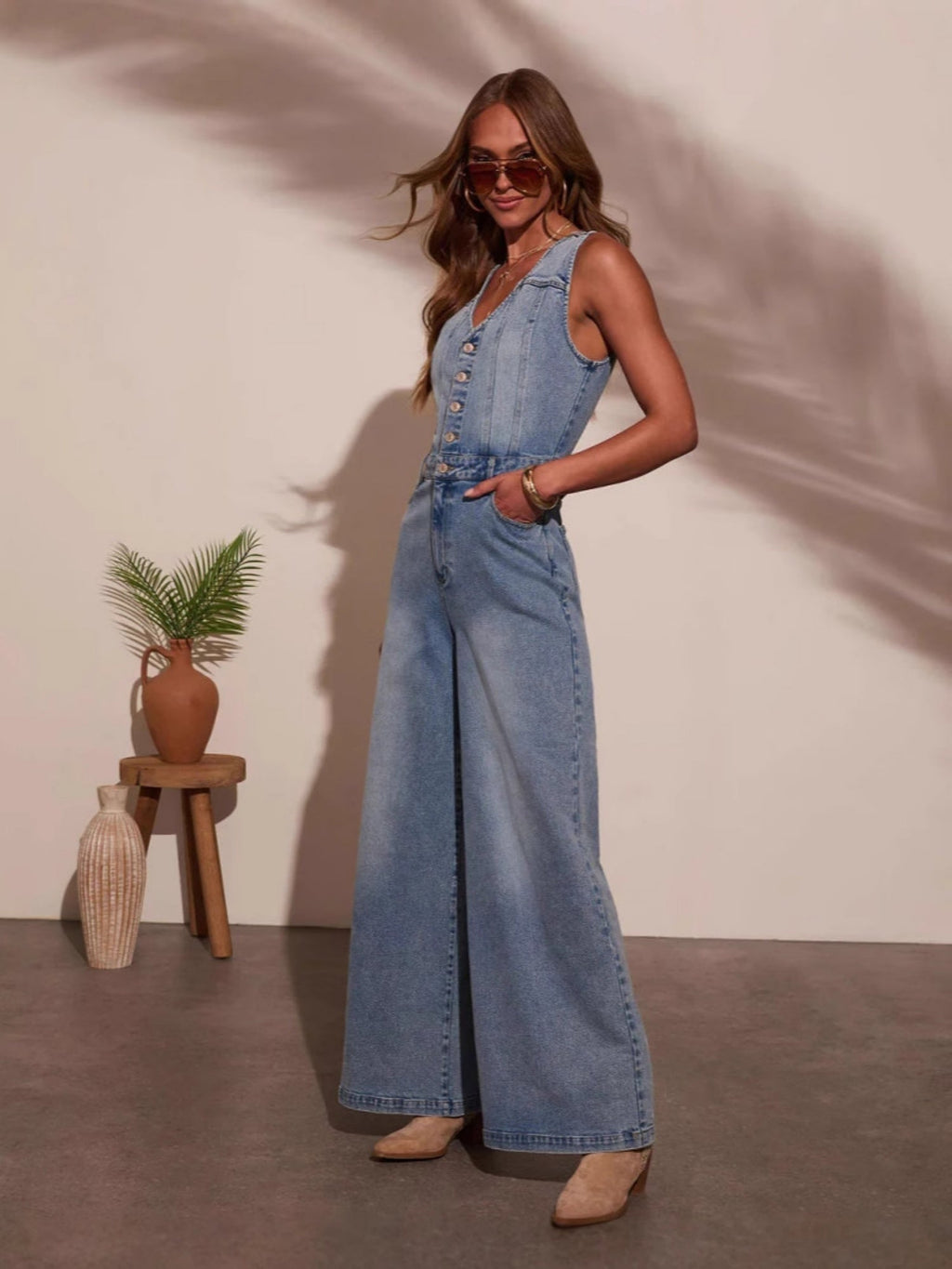 Denim Button-down Pockets V-neck Sleeveless Loose-fit Jumpsuits