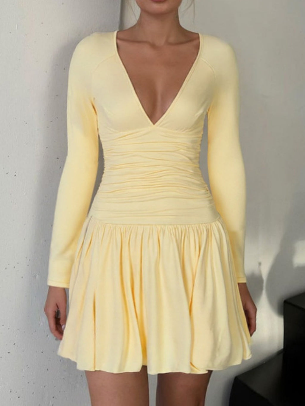 Pleated V-neck Long Sleeve Mini&Short Dresses