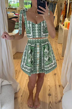 V Neck Bow Shoulder Crop Top High Rise Mini Skirt Printed Set