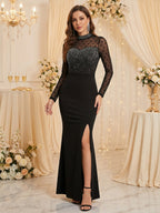 Hot-fix Rhinestone Mesh Long Sleeves Splicing Waist Shaping Slit Party Shiny Maxi Dresses