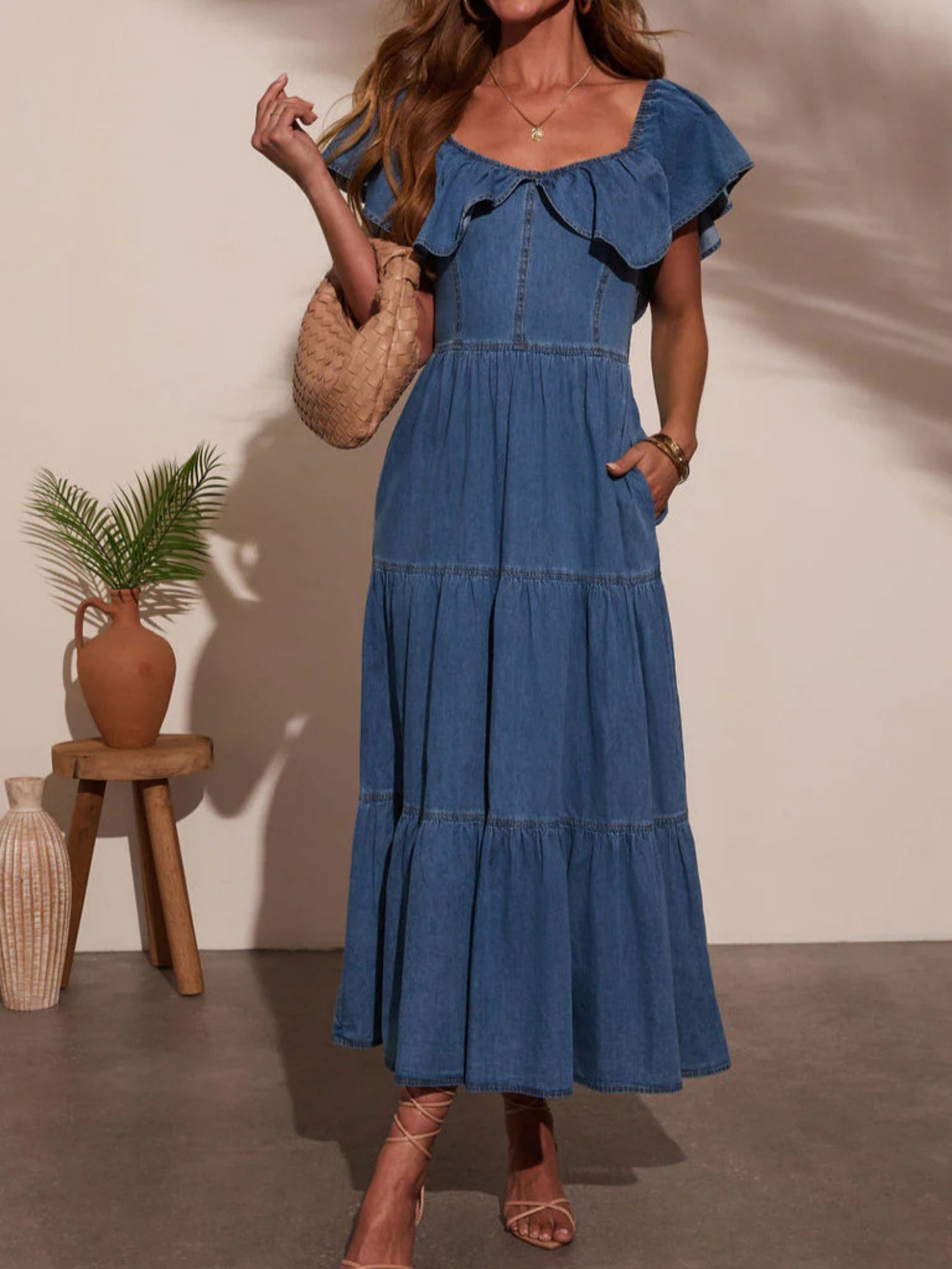 Denim Ruffle Crew Neck Large Skirt Maxi Dresses