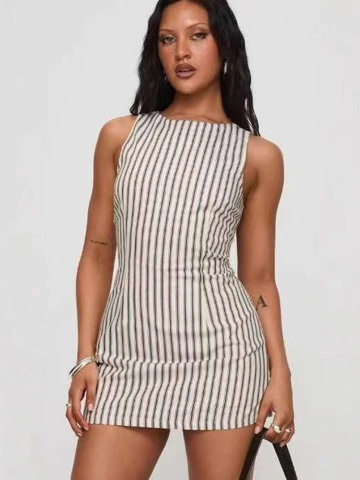 Round Neck Casual Striped Sleeveless Short Dress