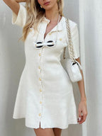 Knitting Buttons Crew Neck Short Sleeve Mini&Short Dresses