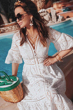 V Neck Button Front Floral Lace Bell Sleeve Tiered Midi Dress