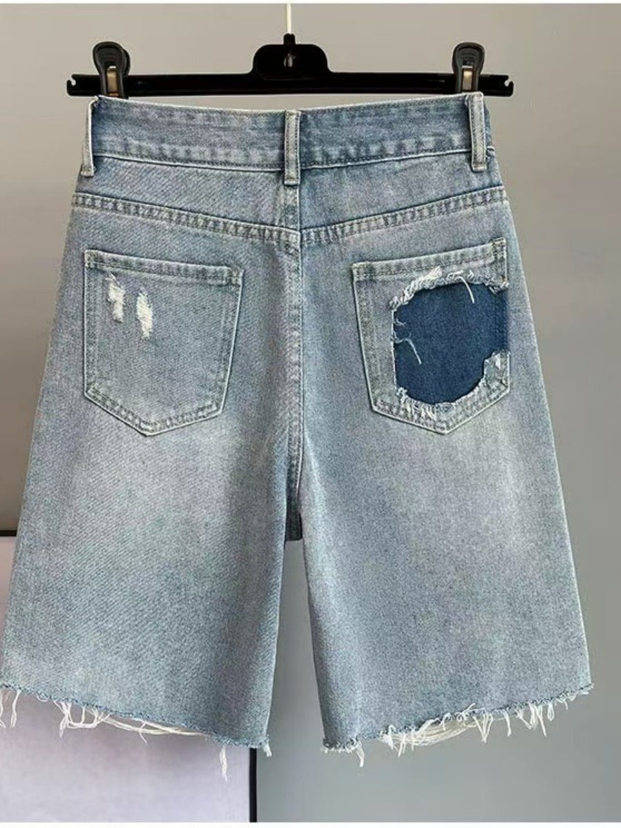 Rhinestone Frayed Denim Shorts