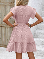 Polka Dots Lotus Leaf Sleeves A-line Skirt Lace Up Mini&Short Dresses