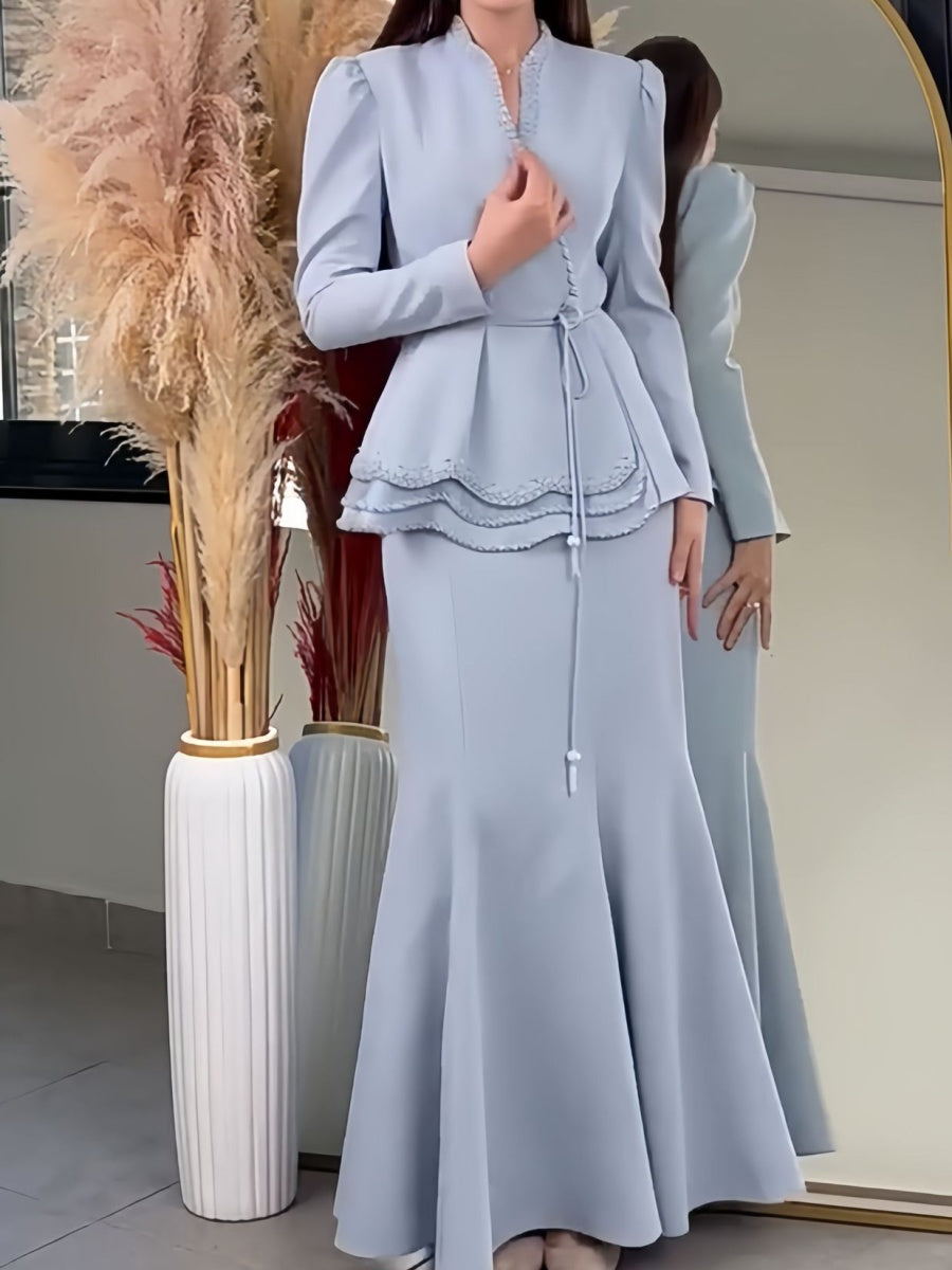V-neck Tie-front Blazer And High-waisted Slimming Skirt Two-piece Set