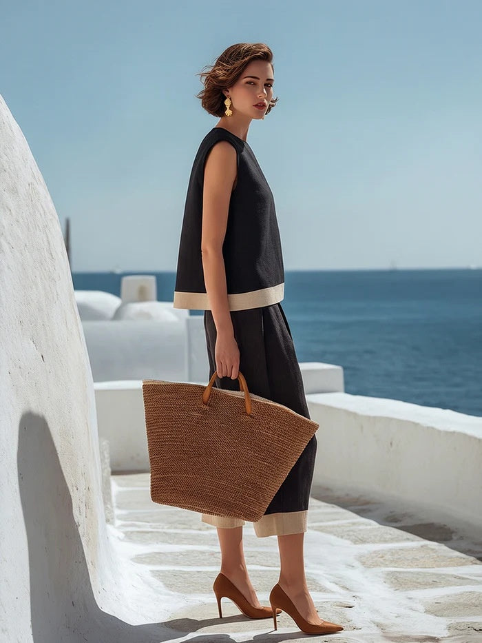 Color-blocked Cotton-linen Blend Bohemian-style Two-piece Set