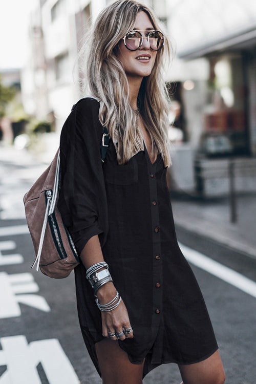 Button Front Collar Long Sleeve Rolled Cuff Shirt Mini Dress