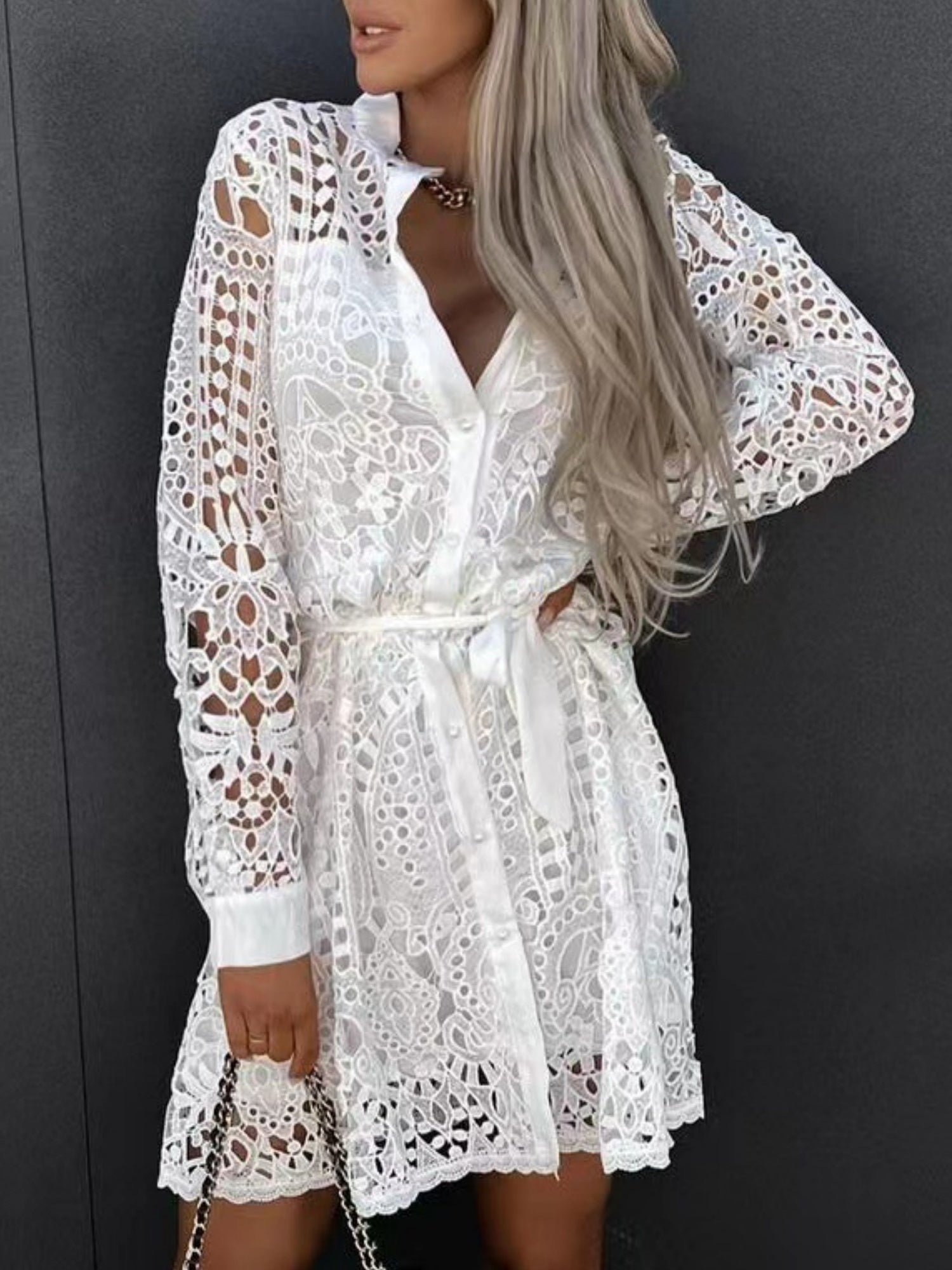 Lace Cutout Lace Up Long Sleeves Mini&Short Dresses