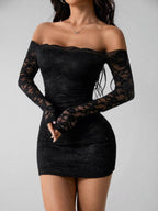 Bodycon Lace Off-shoulder Top Long Sleeve Slim Fit Sexy Short Dress For Cocktail Party
