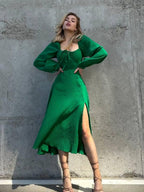 Drawstring Square Collar Puff Sleeve Slit Maxi Dresses