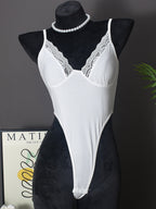 Lace Trim High Elasticity In Crotch Hollow-out High Waist Bodysuits
