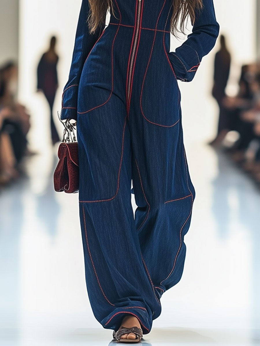 Slim-fit V-neck Casual Denim Jumpsuit With Large Pockets