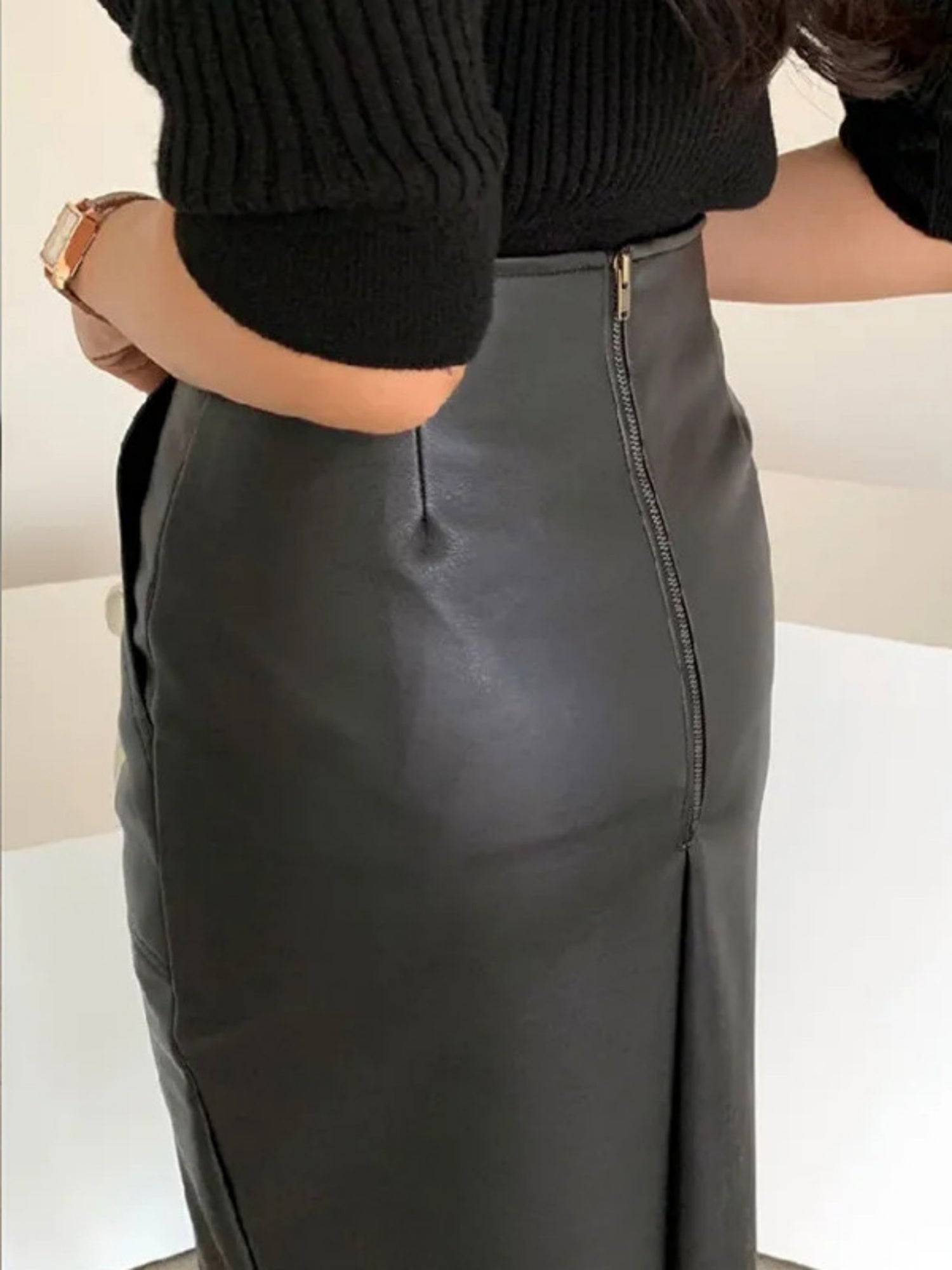 PU Leather Deep Fork Skirts