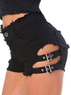 Hollow Out Rough Edges Adjustable Buckle Sexy Denim Shorts