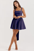 Square Neck Sleeveless Bow Back Pleated Volume Skater Mini Dress