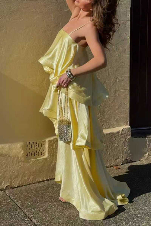 Adjustable Strap Ruffle Layered Satin Maxi Dress